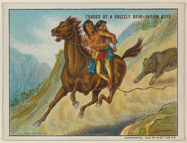 Chased by a Grizzly Bear-Indian Boys, from the "Indian Life in the 60's" series (T73), issued with Hassan Cork Tip Cigarettes by the American Tobacco Company, Issued by American Tobacco Company, Commercial color lithograph 