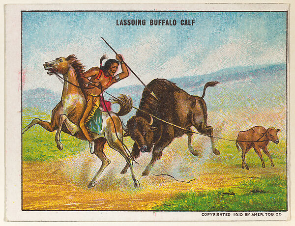 Lassoing Buffalo Calf, from the "Indian Life in the 60's" series (T73), issued with Hassan Cork Tip Cigarettes by the American Tobacco Company, Issued by American Tobacco Company, Commercial color lithograph 