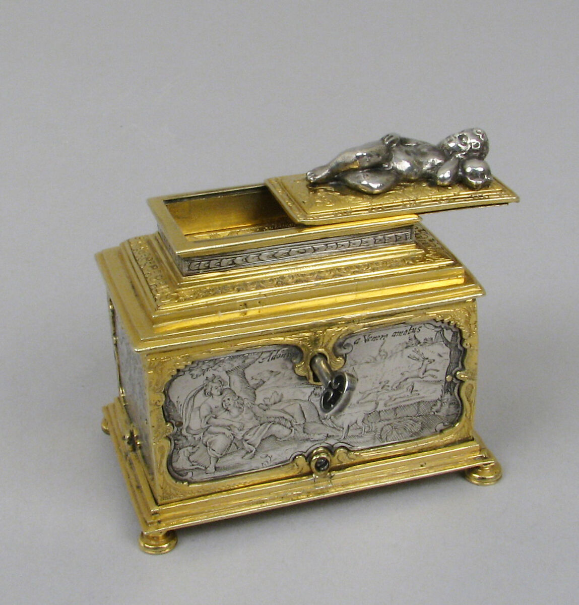 Jewelry box, P. Ben, Silver, engraved; brass, partially gilt, German, probably Nuremberg or Flemish