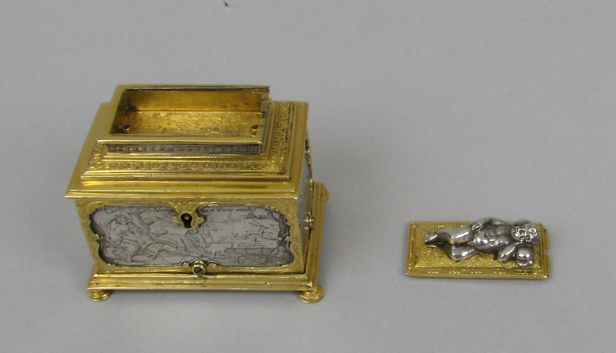 Jewelry box, P. Ben, Silver, engraved; brass, partially gilt, German, probably Nuremberg or Flemish