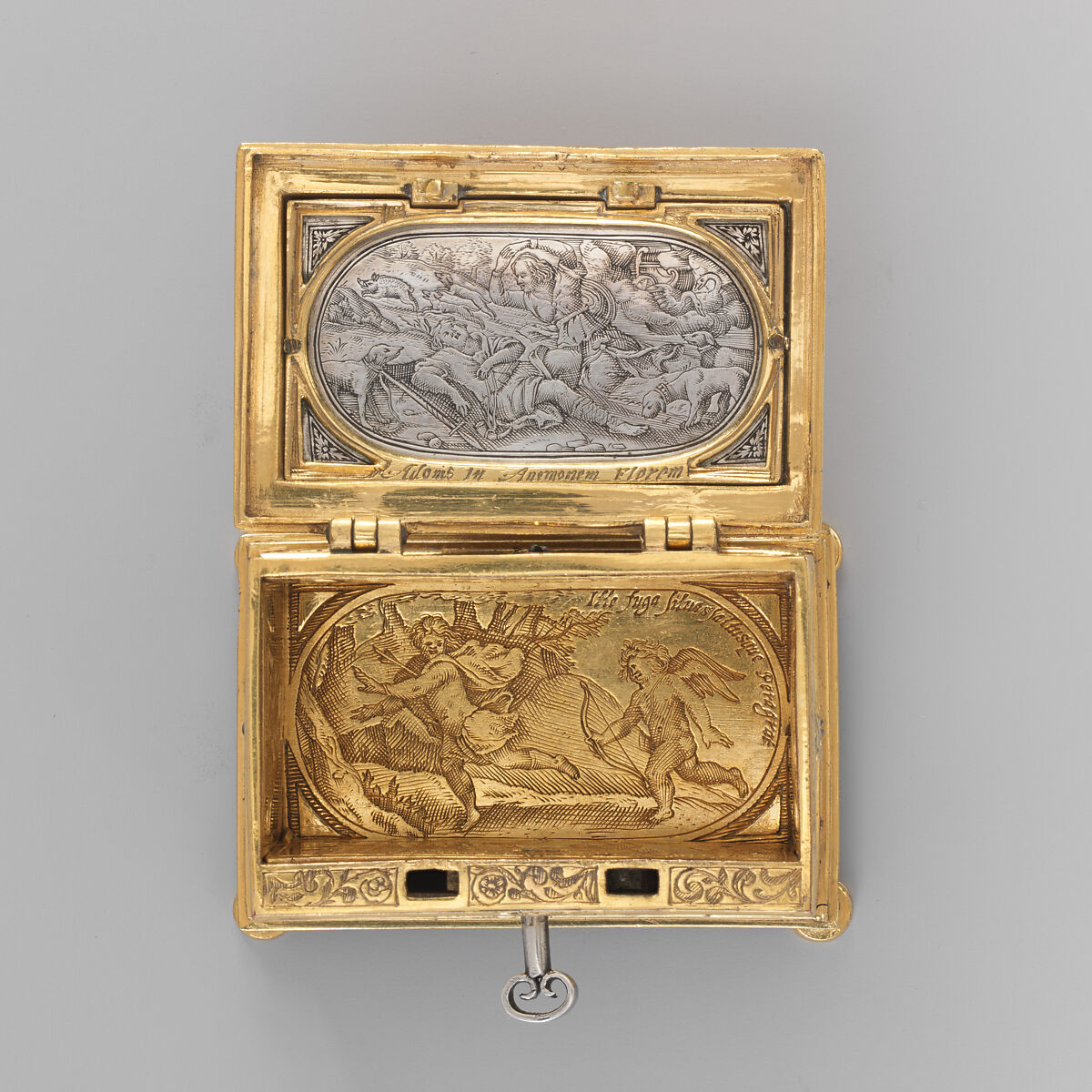 Jewelry box, P. Ben, Silver, engraved; brass, partially gilt, German, probably Nuremberg or Flemish
