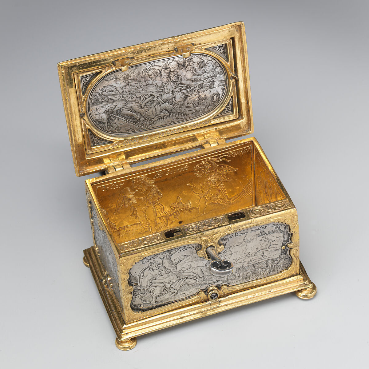 Jewelry box, P. Ben, Silver, engraved; brass, partially gilt, German, probably Nuremberg or Flemish