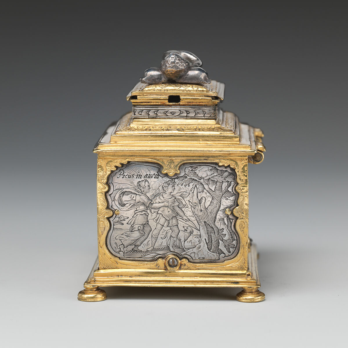 Jewelry box, P. Ben, Silver, engraved; brass, partially gilt, German, probably Nuremberg or Flemish
