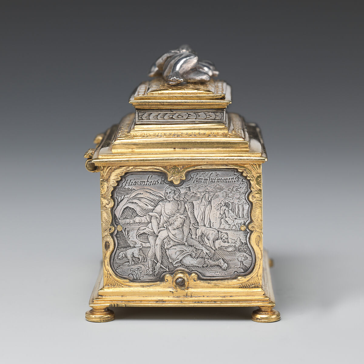 Jewelry box, P. Ben, Silver, engraved; brass, partially gilt, German, probably Nuremberg or Flemish