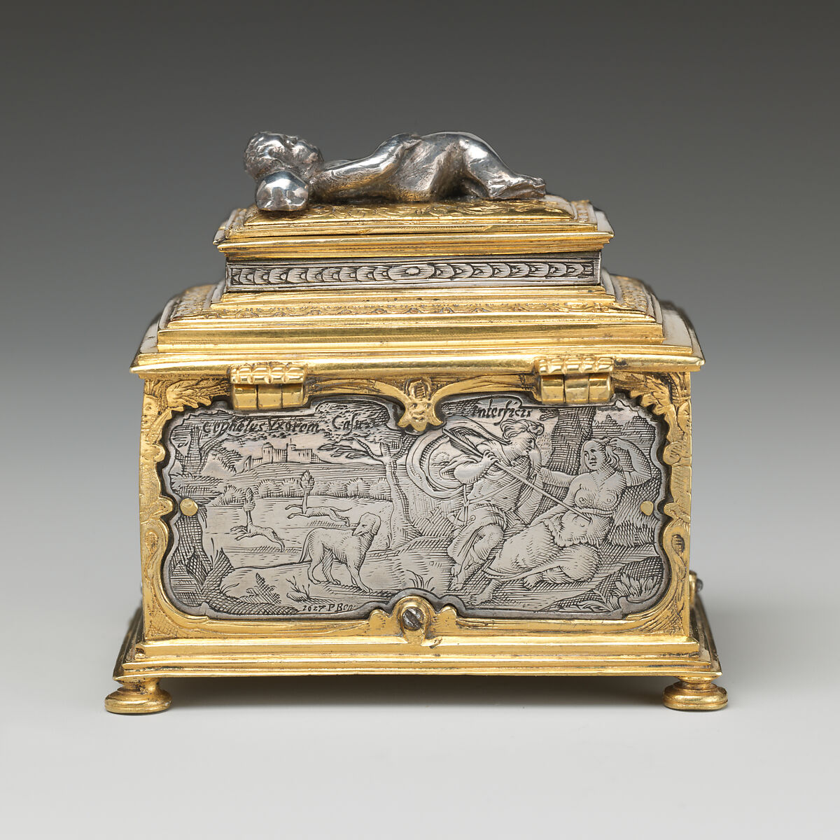 Jewelry box, P. Ben, Silver, engraved; brass, partially gilt, German, probably Nuremberg or Flemish