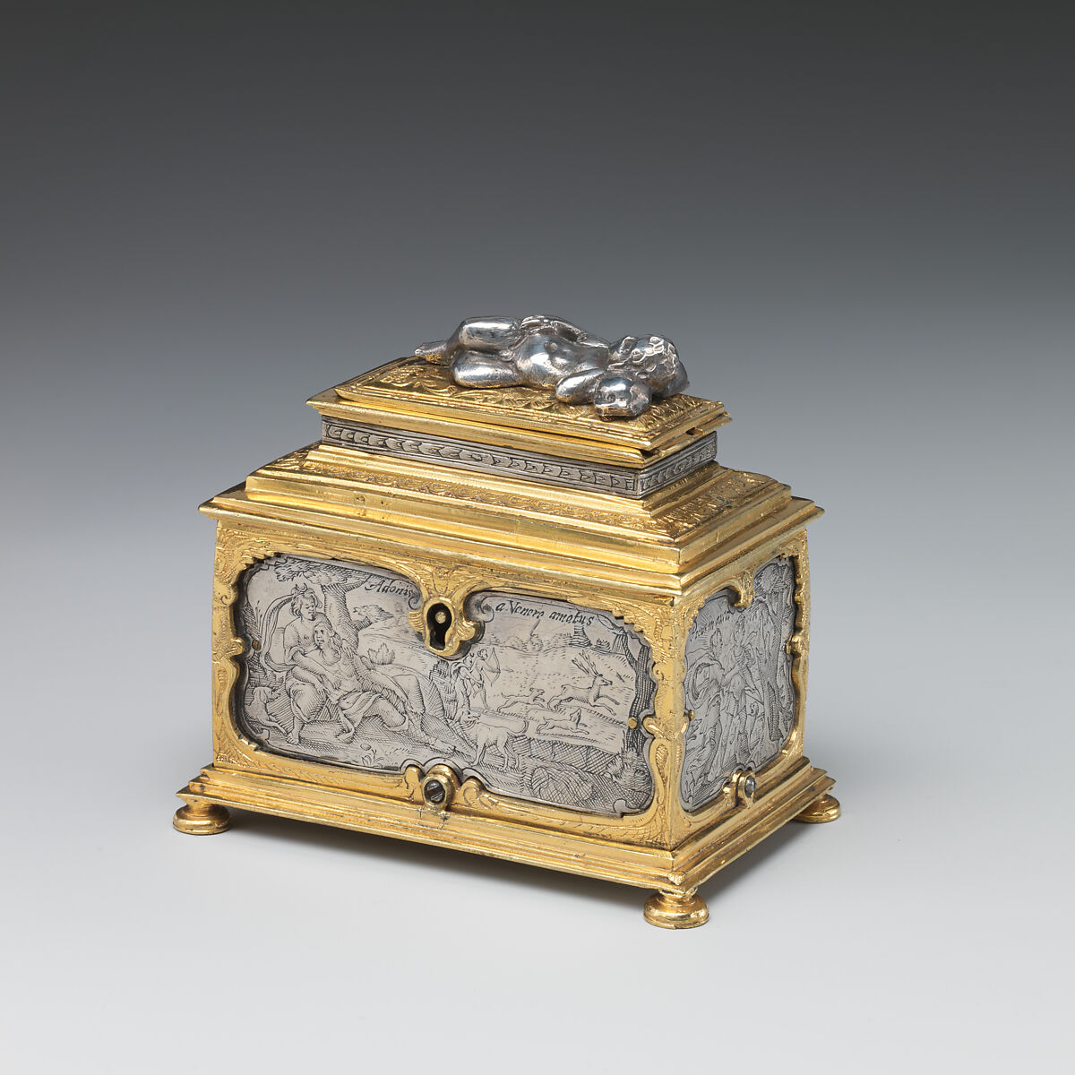 Jewelry box, P. Ben, Silver, engraved; brass, partially gilt, German, probably Nuremberg or Flemish