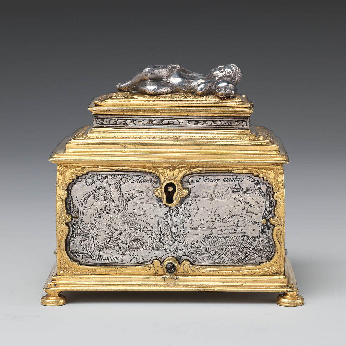 Jewelry box, P. Ben, Silver, engraved; brass, partially gilt, German, probably Nuremberg or Flemish 