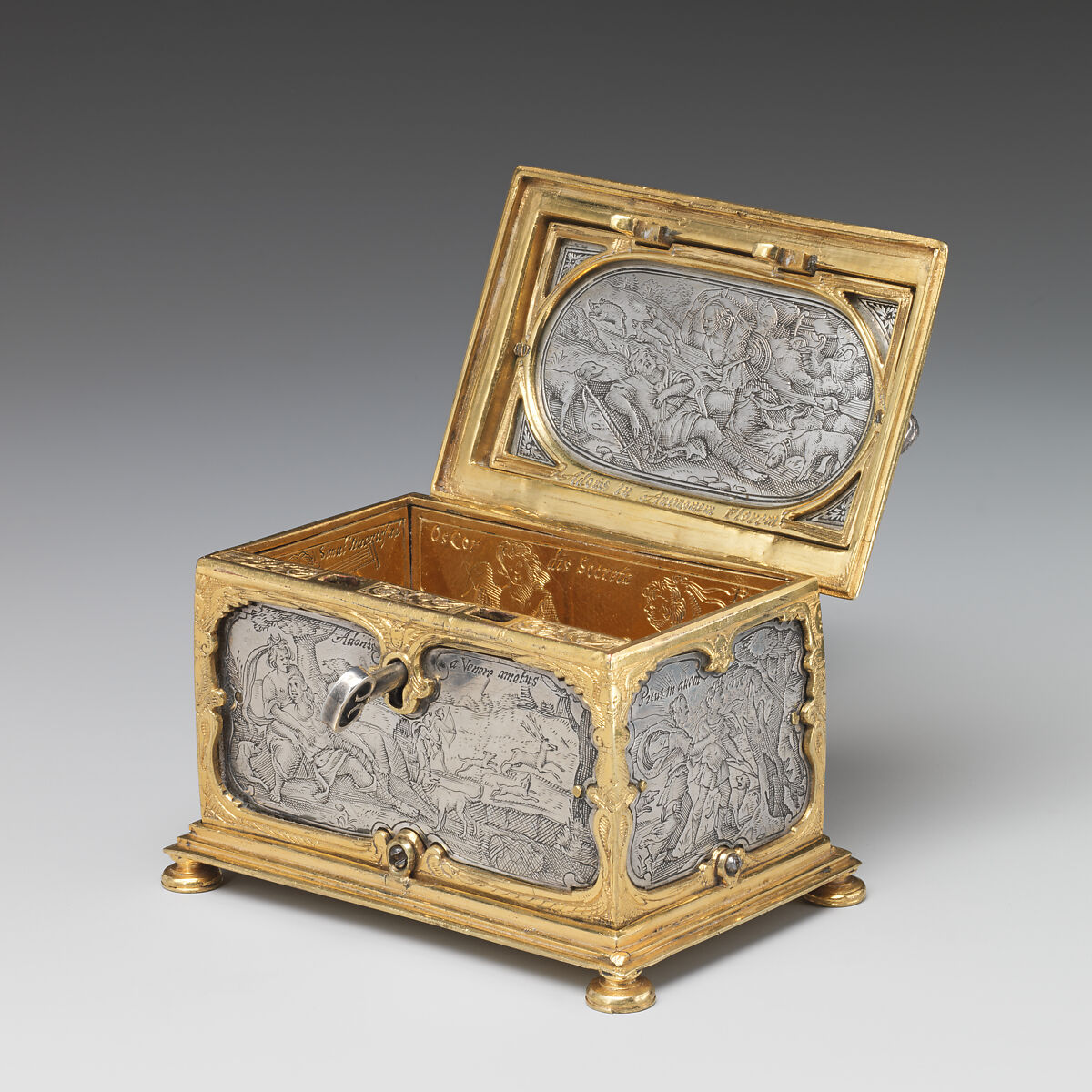 Jewelry box, P. Ben, Silver, engraved; brass, partially gilt, German, probably Nuremberg or Flemish