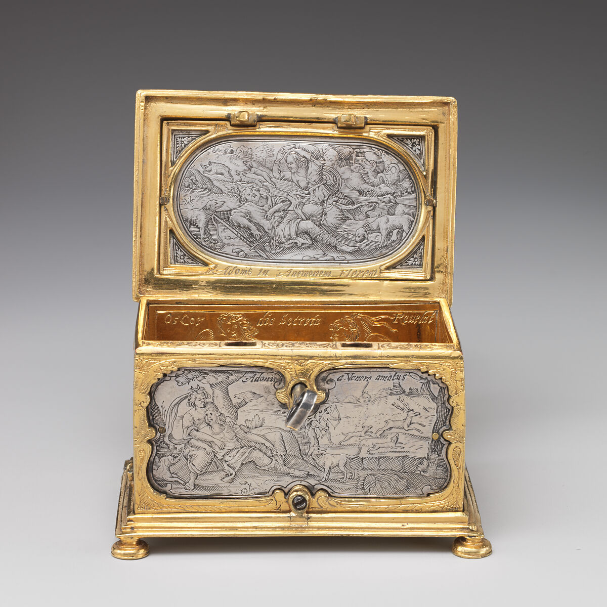 Jewelry box, P. Ben, Silver, engraved; brass, partially gilt, German, probably Nuremberg or Flemish