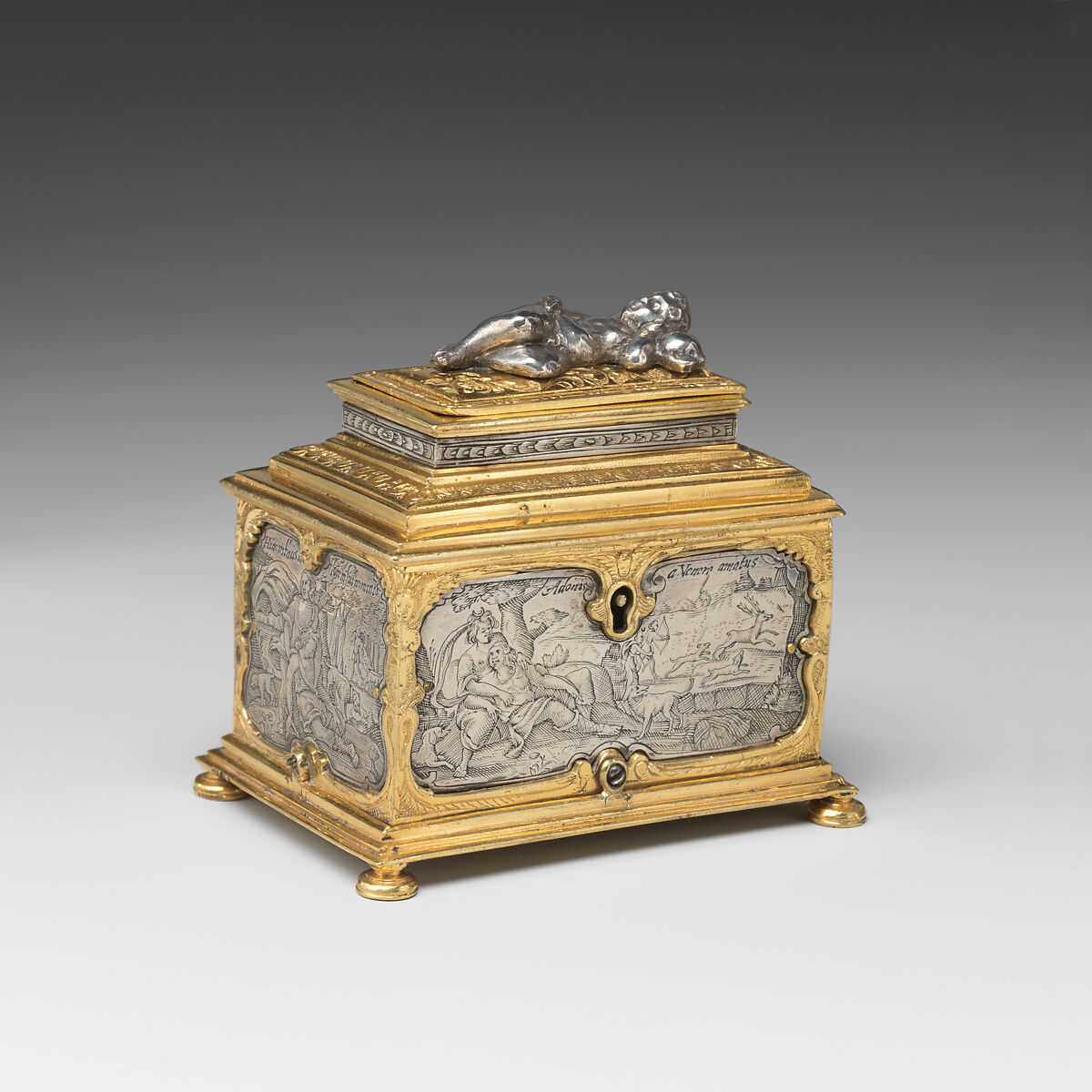 Jewelry box, P. Ben, Silver, engraved; brass, partially gilt, German, probably Nuremberg or Flemish