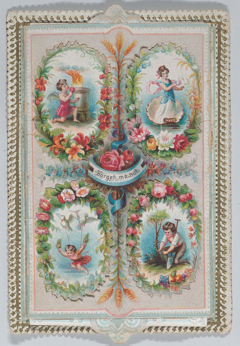 Valentine - Mechanical, four ovals, flaps, images, Anonymous, German, 19th century, Heavy card-stock, die-cut scraps, chromolithography, gilding, ink  