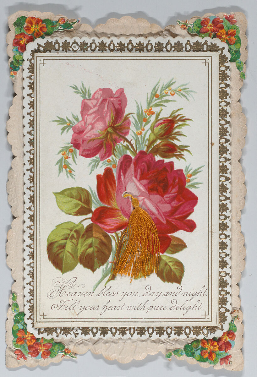 Valentine - Mechanical - pulls open to reveal elaborate scene, Anonymous, British, 19th century, Heavy card-stock, die-cut scraps, chromolithography, gilding, embossed paper, silk tassel 