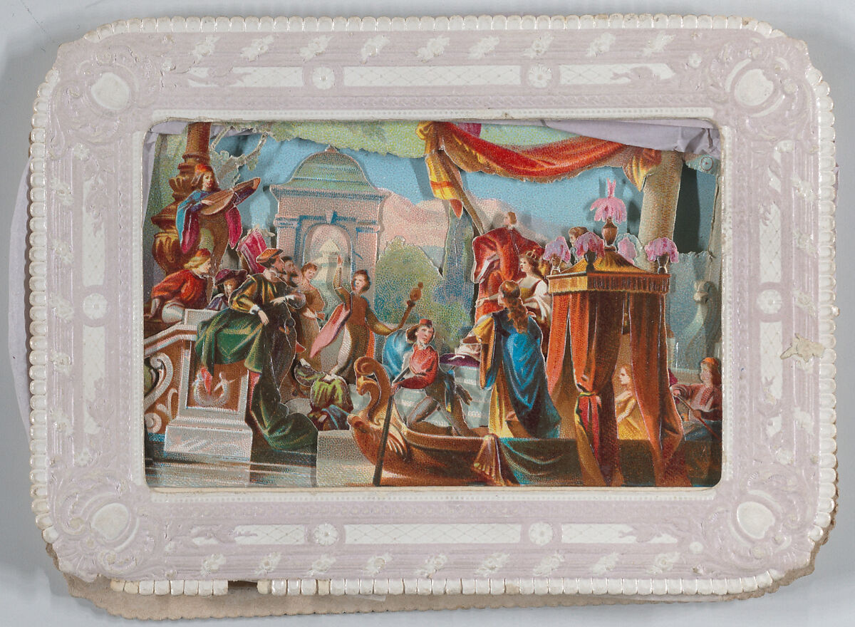 Valentine - Mechanical - scene of barge, troubadours, Temple of Hymen, Anonymous, German, 19th century, Heavy card-stock, die-cut scraps, chromolithography, white ribbon,lavender paper  