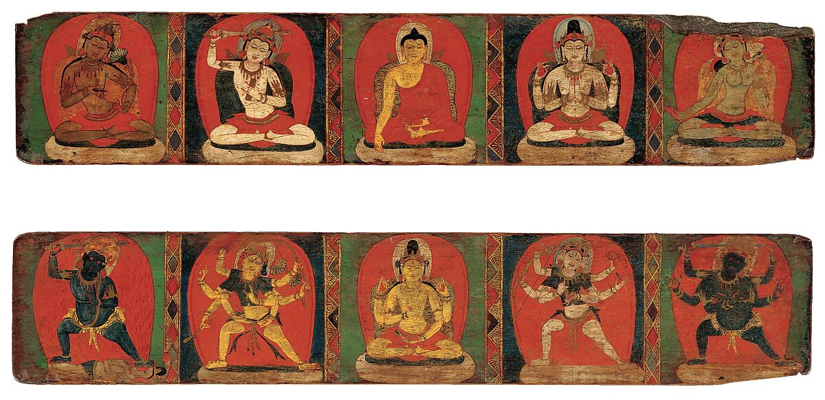 Pair of book covers with Buddhist deities, Distemper and gilt on wood, Tibet 