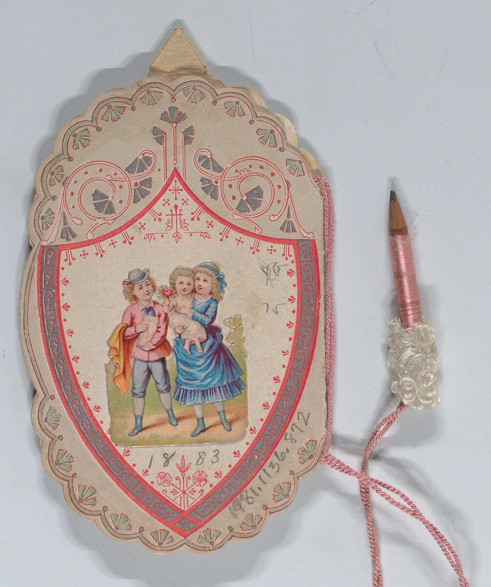 Valentine - Mechanical - elaborate Valentine, Dance Card, Baby, Anonymous, British, 19th century, Heavy card-stock, chromolithography, die-cut scraps, pink colored string, small pink pencil 