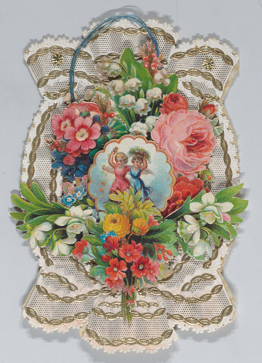 Valentine - Mechanical - cluster of  lace paper, die cuts, Anonymous, British, 19th century, Glossy  open-work lace paper, gilding, chromolithographed die-cut scraps, blue string 