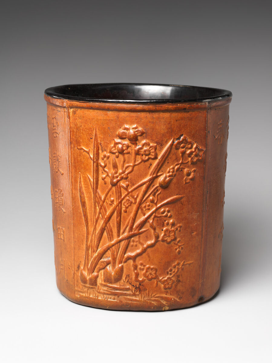 Brush holder with flowers and poems, Molded gourd, black lacquer, China