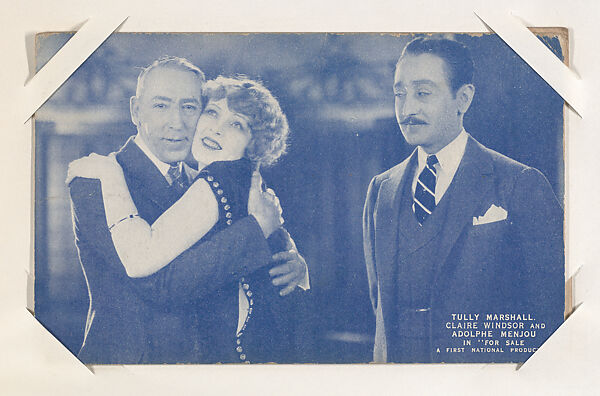 Tully Marshall, Claire Windsor and Adolphe Menjou in "For Sale" from Scenes from Movies Exhibit Cards series (W404), Commercial color photolithograph 