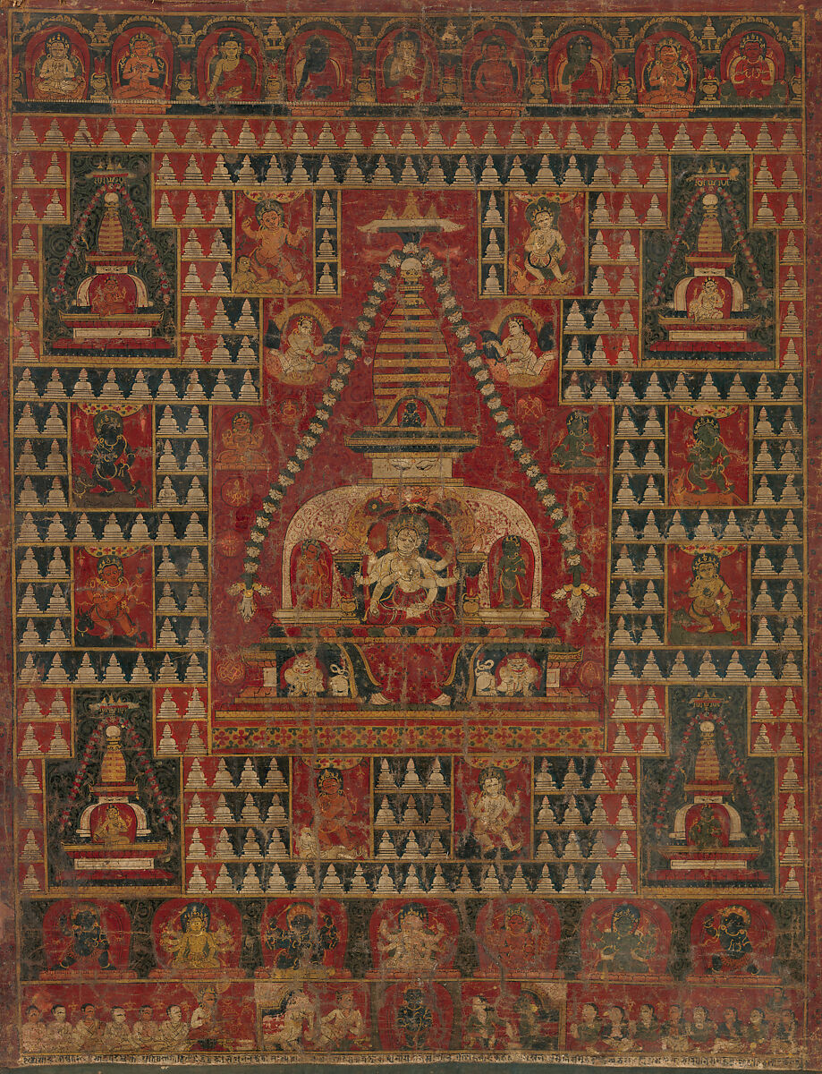 Ushnishavijaya Enthroned in the Womb of a Stupa, Distemper on cloth, Nepal 