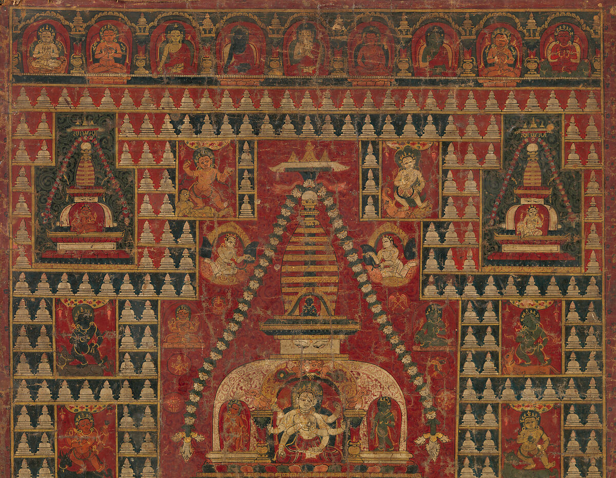 Ushnishavijaya Enthroned in the Womb of a Stupa, Distemper on cloth, Nepal