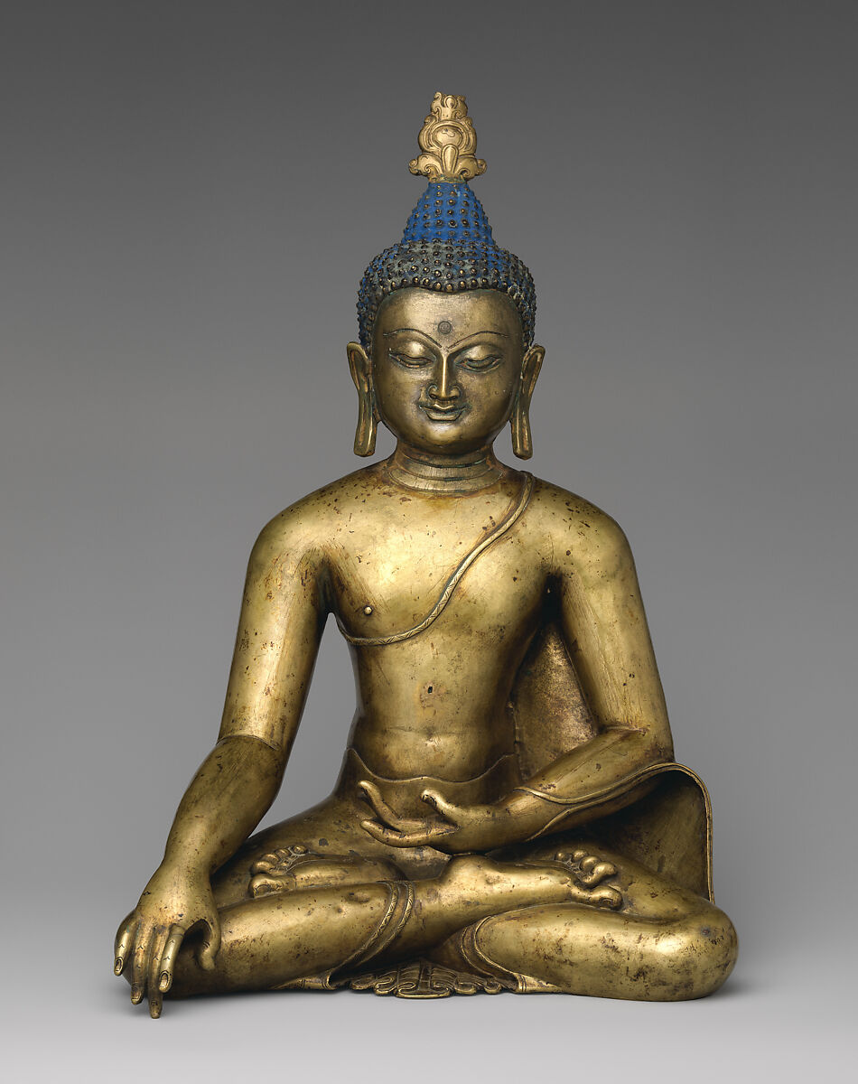 Buddha Shakyamuni, Brass with colored pigments, Central Tibet 