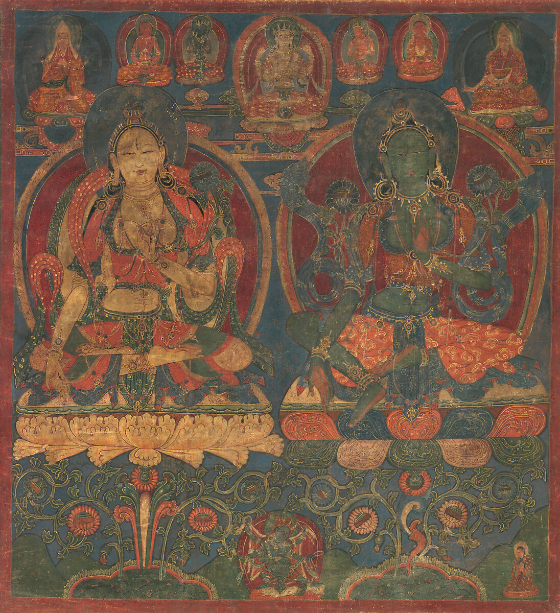 White Tara and Green Tara, Distemper on cloth, Western Tibet (Guge) 