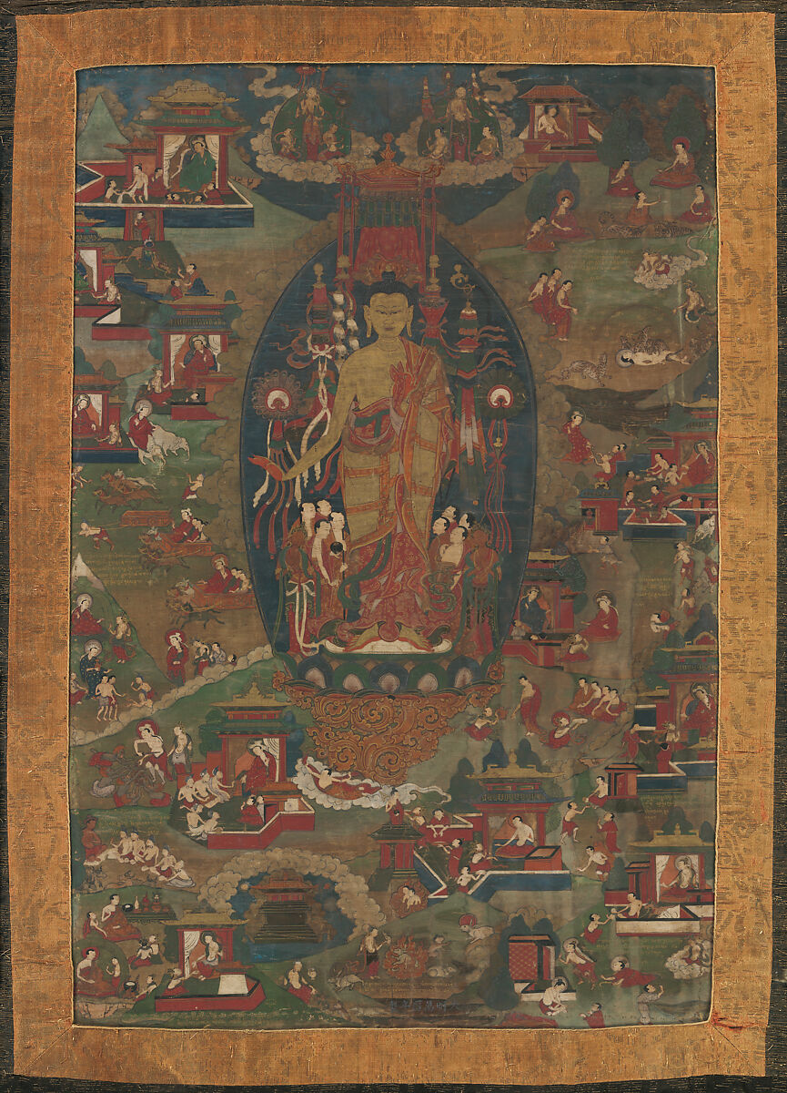 Buddha Shakyamuni and Scenes of His Previous Lives (Jataka Tales), Distemper on cloth, Tibet 