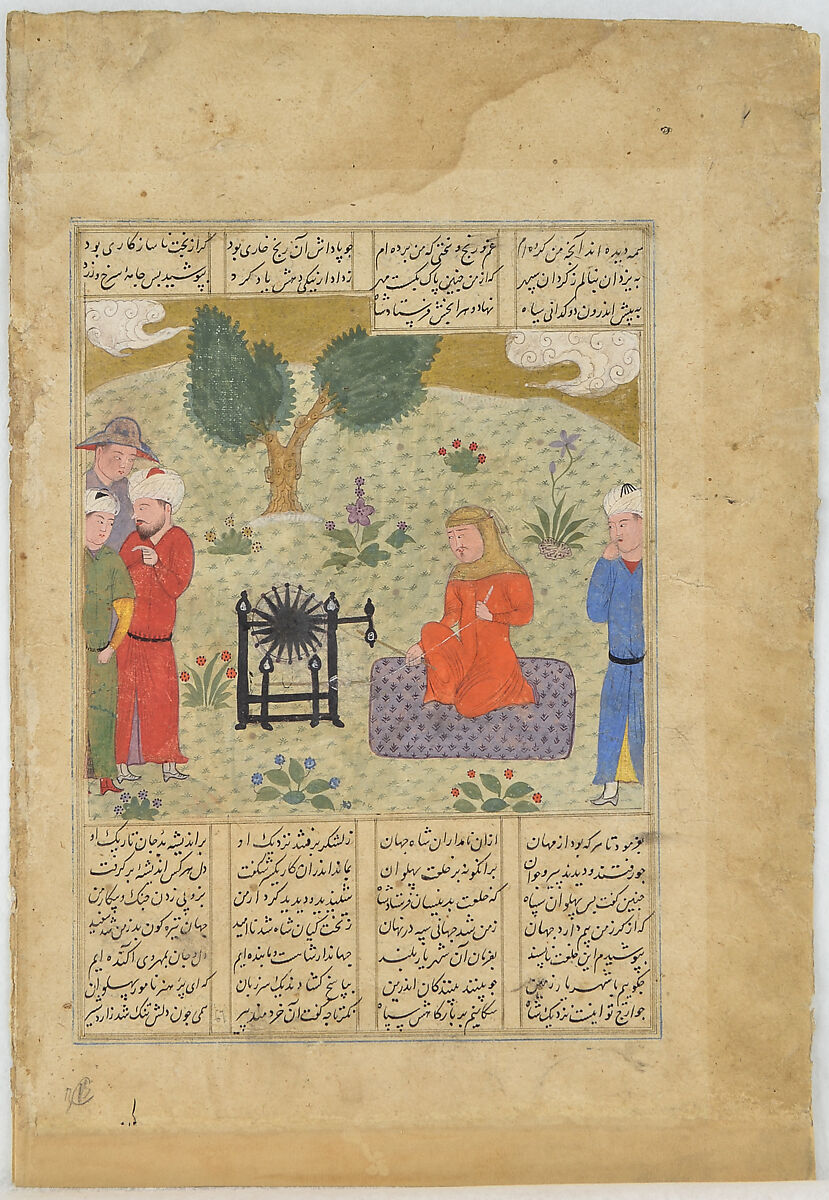 "Bahram-e Chubineh Wears Women's Clothing and Spins Yarn", folio from a Shahnama (Book of Kings) of Firdausi, Abu&#39;l Qasim Firdausi (Iranian, Paj ca. 940/41–1020 Tus), Ink, opaque watercolor, and gold on paper 