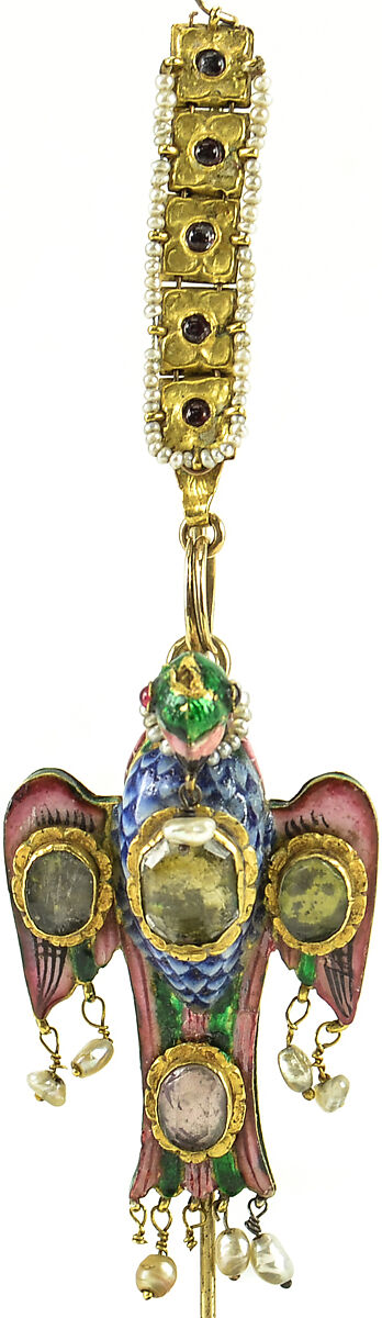 Headdress Ornament, Enamel, gold-sheet, pearls, and semi-precious stones 