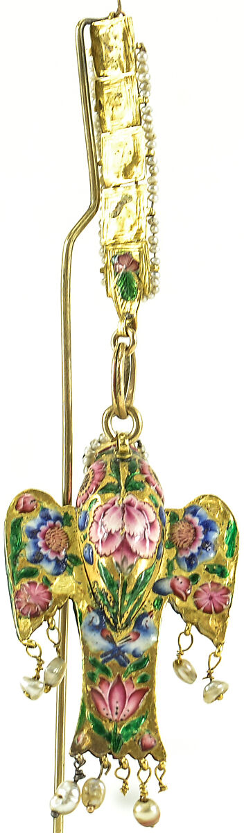 Headdress Ornament, Enamel, gold-sheet, pearls, and semi-precious stones