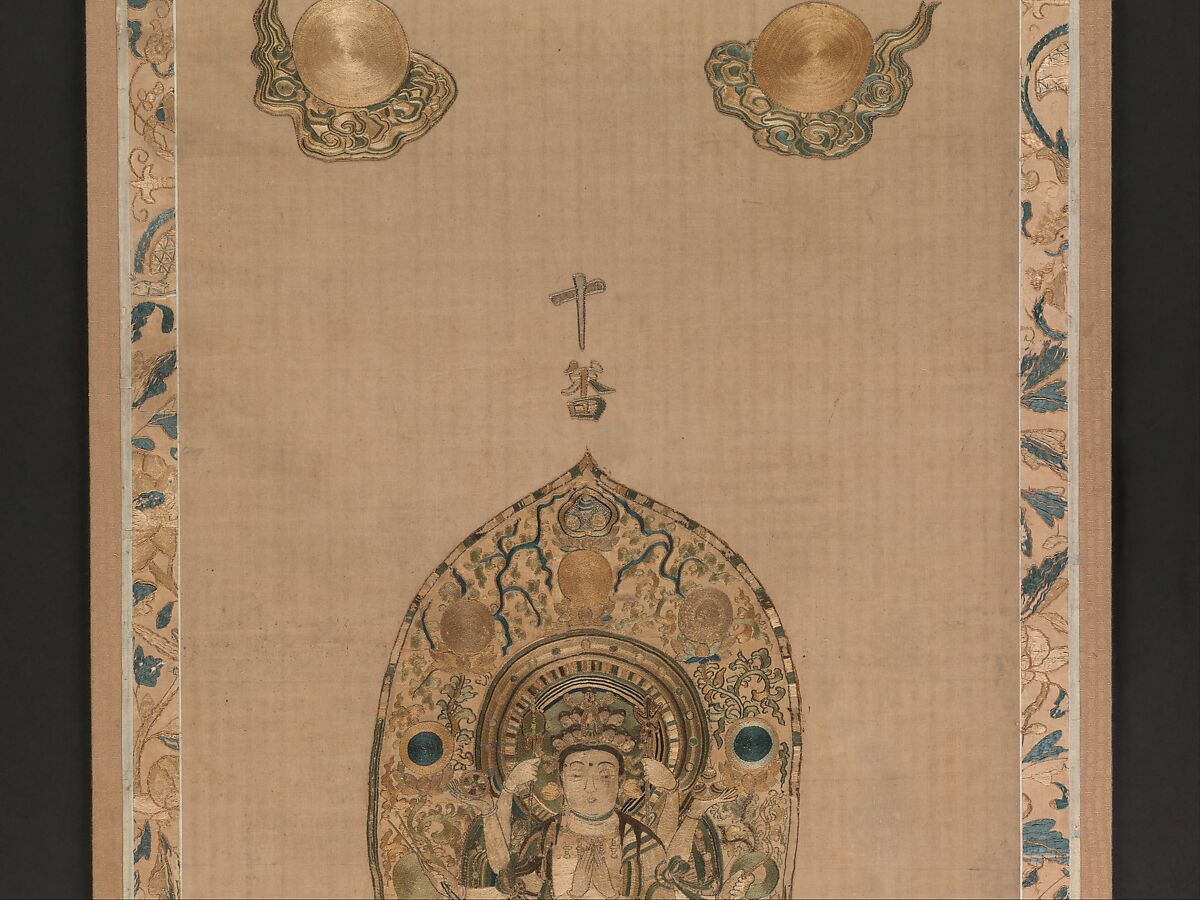 Embroidery of a Thousand-Armed Kannon, Unidentified artist Japanese, Hanging scroll remounted on a panel; embroidered silk appliquéed to cotton backing, Japan