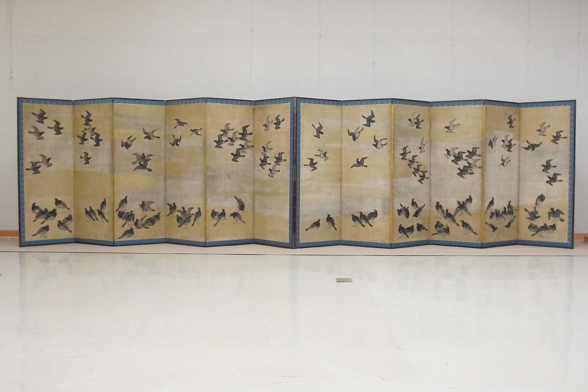 Mynah Birds, Unidentified artist Japanese, Pair of six-panel folding screens; ink, color, and gold on paper, Japan