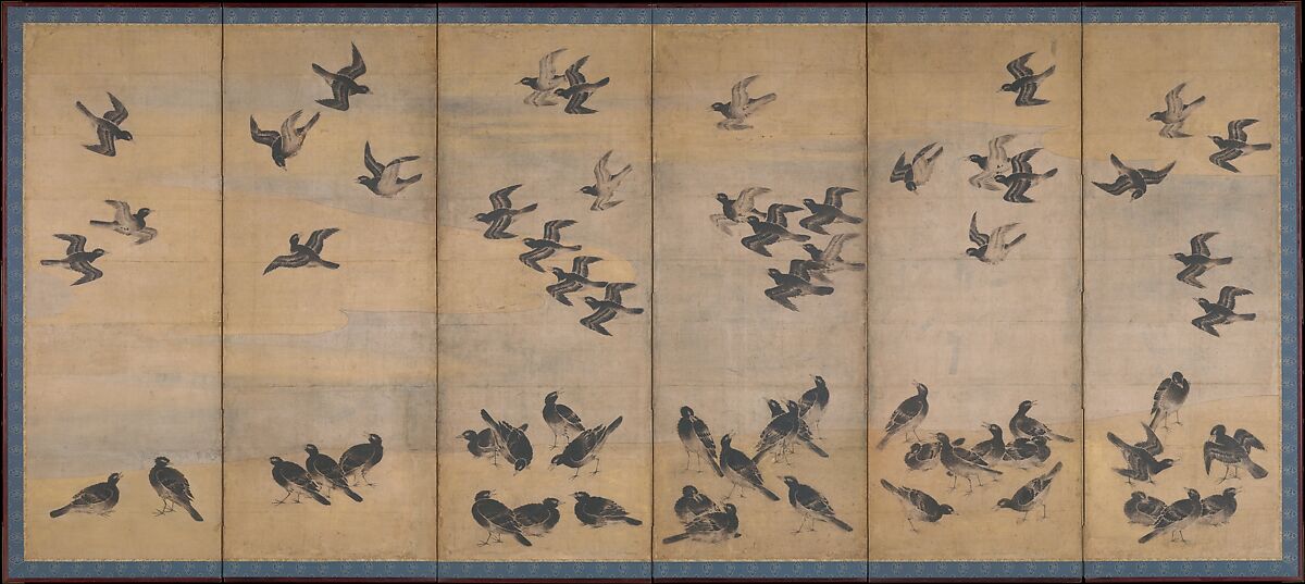 Mynah Birds, Unidentified artist Japanese, Pair of six-panel folding screens; ink, color, and gold on paper, Japan