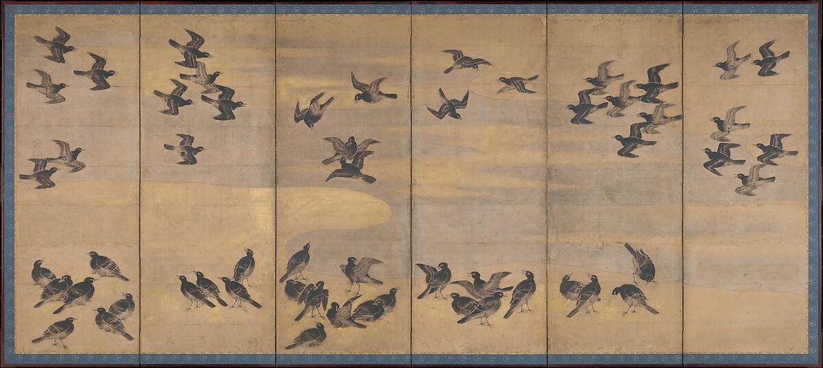 Mynah Birds, Unidentified artist Japanese, Pair of six-panel folding screens; ink, color, and gold on paper, Japan