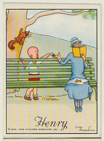 Henry takes nuts from a lady on bench and feeds a squirrel, from the "Little Henry" (T78), issued with Tareyton Cigarettes by the R. J. Reynolds Tobacco Company, Carl Thomas Anderson (American, Madison, Wisconsin 1865–1948), Commercial color lithograph 