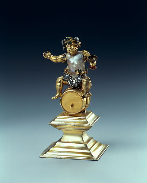 Bacchus Astride a Wine Cask, Baroque pearl, gold, silver (gilded), enamel, diamonds, German, probably Dresden 