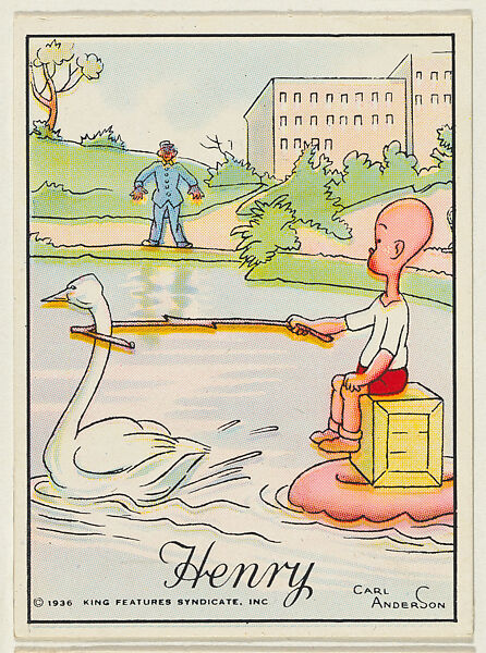 Henry rides on a tube drawn by a swan, from the "Little Henry" (T78), issued with Tareyton Cigarettes by the R. J. Reynolds Tobacco Company, Carl Thomas Anderson (American, Madison, Wisconsin 1865–1948), Commercial color lithograph 