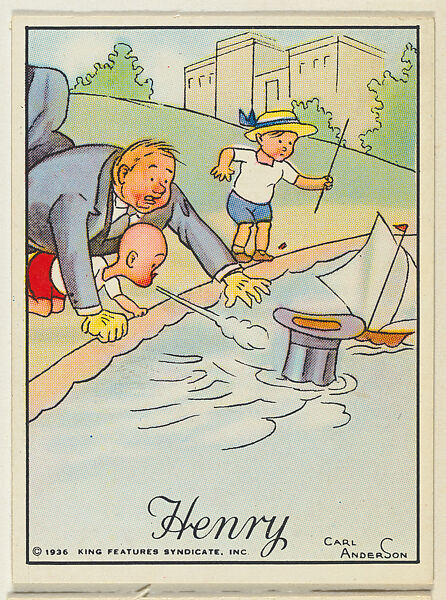 Henry blows a man's top hat into a lake, from the "Little Henry" (T78), issued with Tareyton Cigarettes by the R. J. Reynolds Tobacco Company, Carl Thomas Anderson (American, Madison, Wisconsin 1865–1948), Commercial color lithograph 