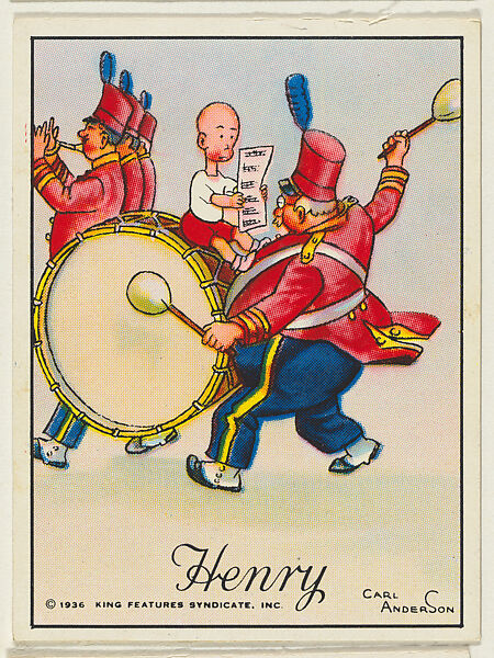 Henry rides on a drum holding sheet music, from the "Little Henry" (T78), issued with Tareyton Cigarettes by the R. J. Reynolds Tobacco Company, Carl Thomas Anderson (American, Madison, Wisconsin 1865–1948), Commercial color lithograph 