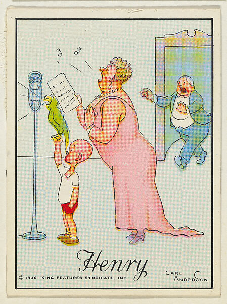 Henry holds a parrot before a microphone while a lady is singing, from the "Little Henry" (T78), issued with Tareyton Cigarettes by the R. J. Reynolds Tobacco Company, Carl Thomas Anderson (American, Madison, Wisconsin 1865–1948), Commercial color lithograph 