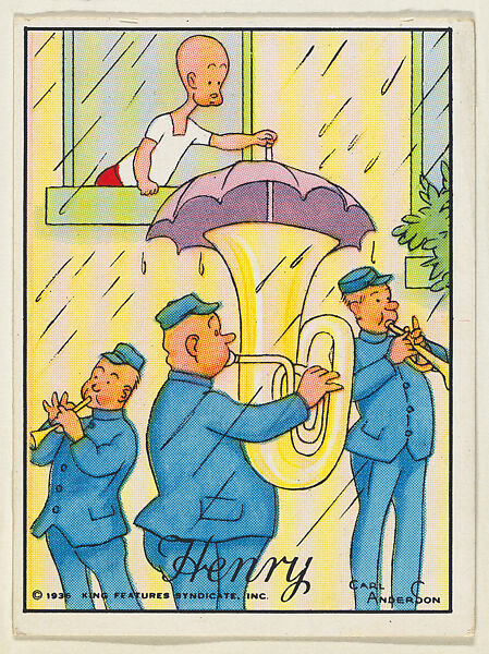 Henry holds an umbrella over a bass horn, from the "Little Henry" (T78), issued with Tareyton Cigarettes by the R. J. Reynolds Tobacco Company, Carl Thomas Anderson (American, Madison, Wisconsin 1865–1948), Commercial color lithograph 