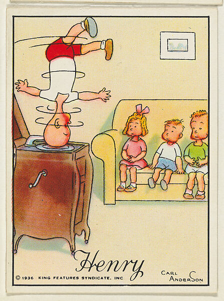 Henry balances on his head on a phonograph, from the "Little Henry" (T78), issued with Tareyton Cigarettes by the R. J. Reynolds Tobacco Company, Carl Thomas Anderson (American, Madison, Wisconsin 1865–1948), Commercial color lithograph 