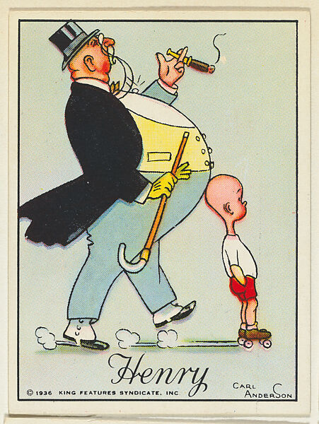 Henry on roller skates pushed by a fat man's stomach, from the "Little Henry" (T78), issued with Tareyton Cigarettes by the R. J. Reynolds Tobacco Company, Carl Thomas Anderson (American, Madison, Wisconsin 1865–1948), Commercial color lithograph 