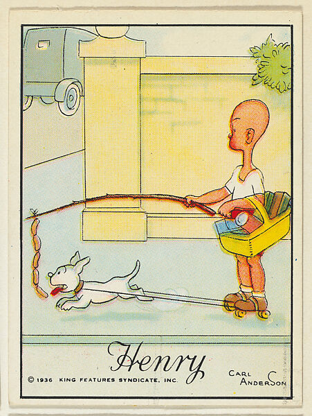 Henry on roller skates pulled by a dog chasing a hot dog, from the "Little Henry" (T78), issued with Tareyton Cigarettes by the R. J. Reynolds Tobacco Company, Carl Thomas Anderson (American, Madison, Wisconsin 1865–1948), Commercial color lithograph 