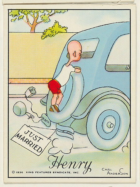 Henry rides on the back of a car with a "Just Married" sign, from the "Little Henry" (T78), issued with Tareyton Cigarettes by the R. J. Reynolds Tobacco Company, Carl Thomas Anderson (American, Madison, Wisconsin 1865–1948), Commercial color lithograph 