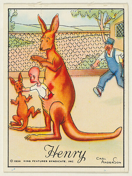 Henry gets into a kangaroo's pouch, from the "Little Henry" (T78), issued with Tareyton Cigarettes by the R. J. Reynolds Tobacco Company, Carl Thomas Anderson (American, Madison, Wisconsin 1865–1948), Commercial color lithograph 