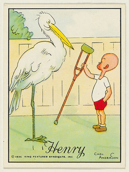 Henry offers a crutch to a stork, from the "Little Henry" (T78), issued with Tareyton Cigarettes by the R. J. Reynolds Tobacco Company, Carl Thomas Anderson (American, Madison, Wisconsin 1865–1948), Commercial color lithograph 