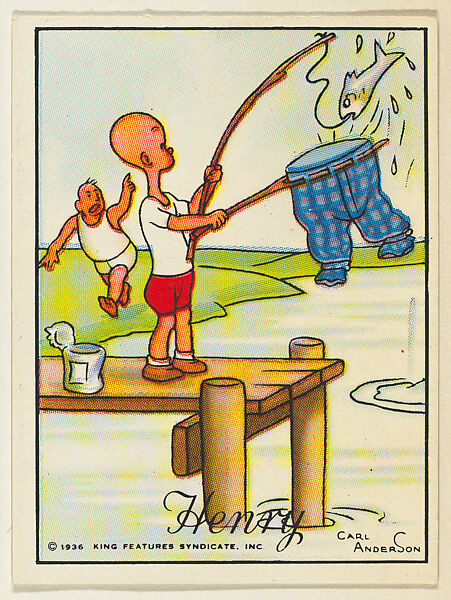 Henry uses a man's pant as a fishing net, from the "Little Henry" (T78), issued with Tareyton Cigarettes by the R. J. Reynolds Tobacco Company, Carl Thomas Anderson (American, Madison, Wisconsin 1865–1948), Commercial color lithograph 