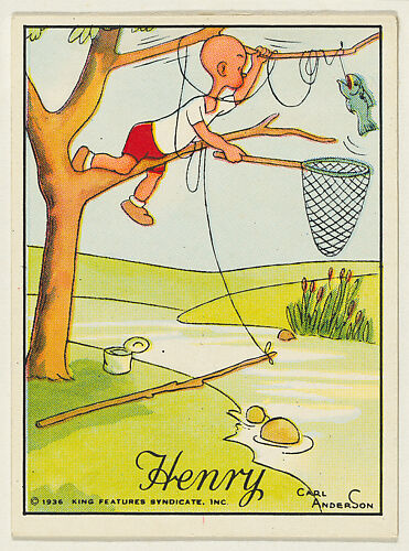 Henry uses a net to land a fish in a tree, from the 