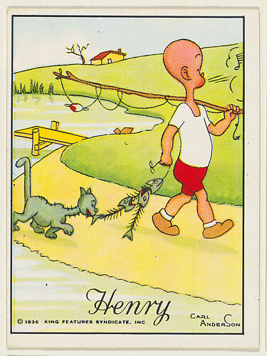 Henry drags fish skeletons, followed by a cat, from the 